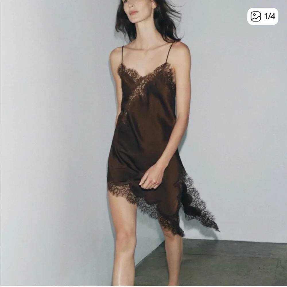 ZARA BROWN SATIN ASYMMETRICAL DRESS (S) BNWT - Picture 2 of 5